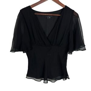 ECI New York Black Semi-Sheer Short Sleeve Blouse Women's Small V-Neck